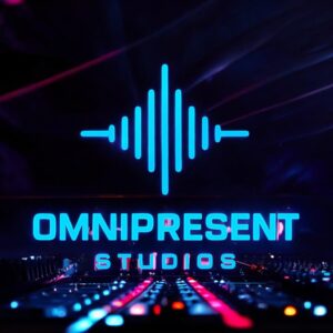 Omnipresent Studios neon logo on audio mixer